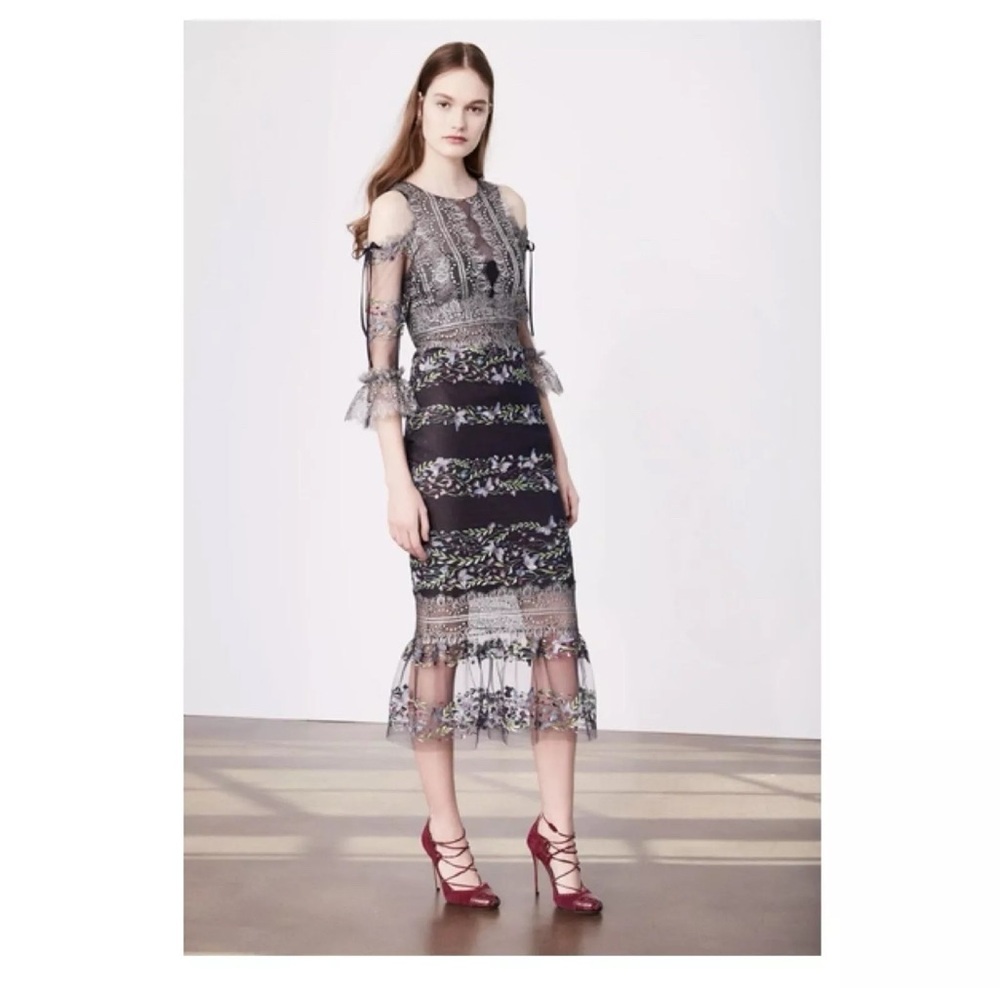 Marchesa Notte Cold Shoulder Metallic Lace Embroidered Tulle Dress